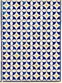 A geometric pattern composed of circular and diamond shapes in a grid format. Predominantly featuring dark blue and white circular designs with golden yellow diamonds at the intersections. The repetition of the pattern creates a visually striking and symmetrical design.