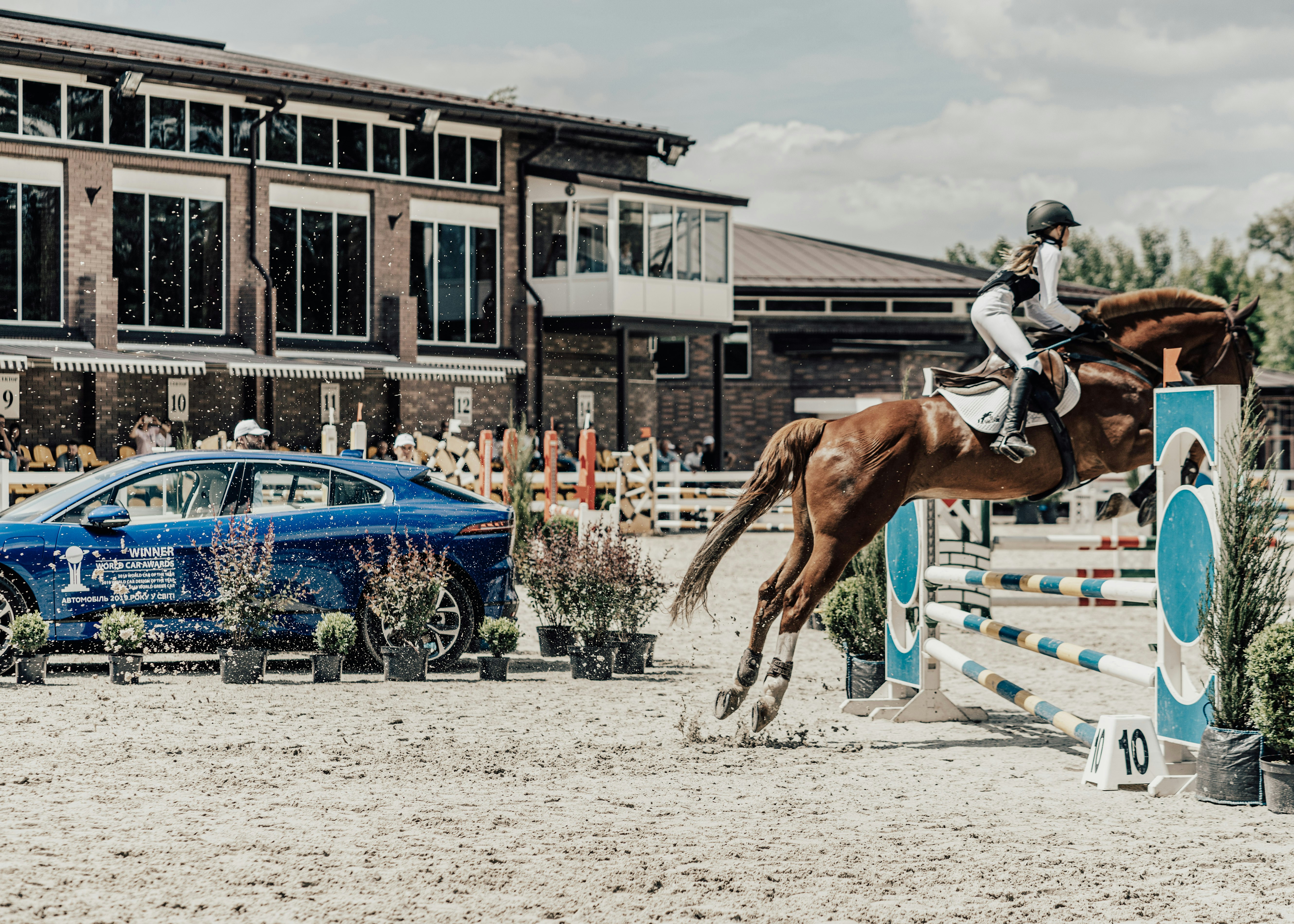 equestrian performs near blue taxi