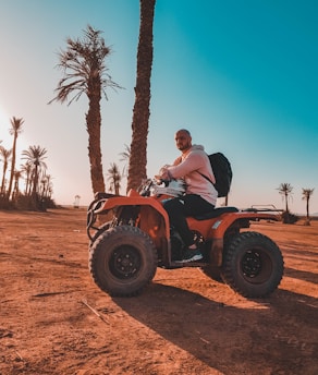 A rider on a quad bike in the palm grove with a camel nearby under the sun.