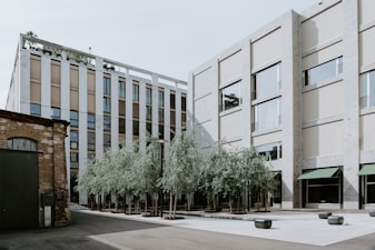 A modern corporate courtyard with sleek interlock pathways, green lawn, and minimalist planting design.