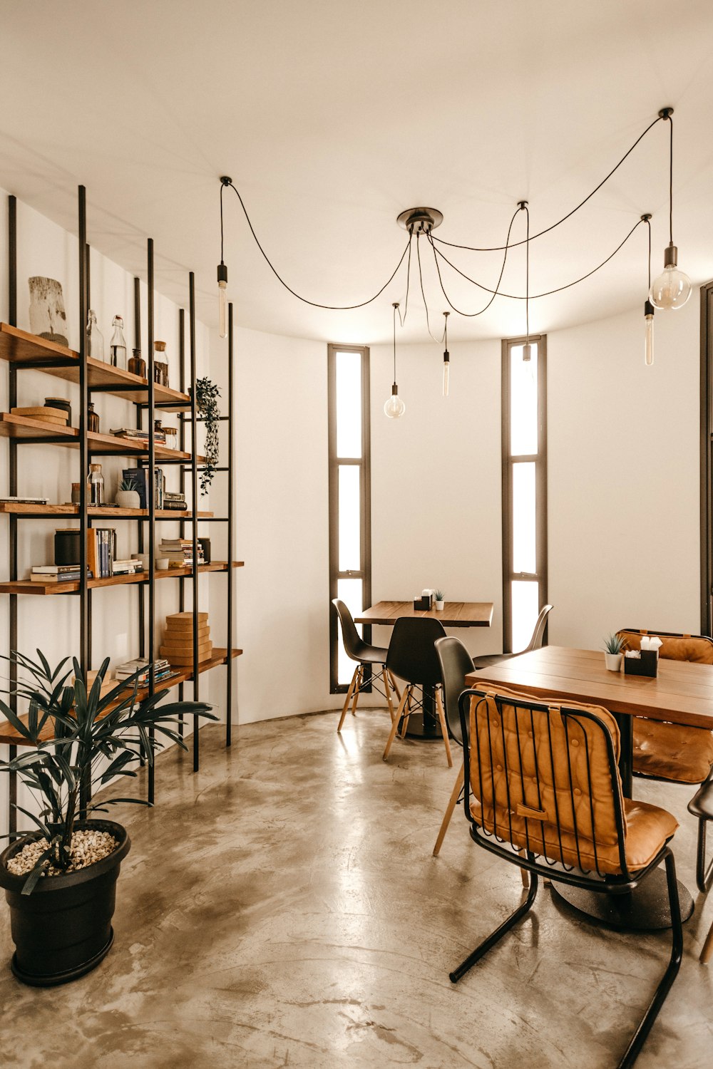 empty brown wooden dining tables