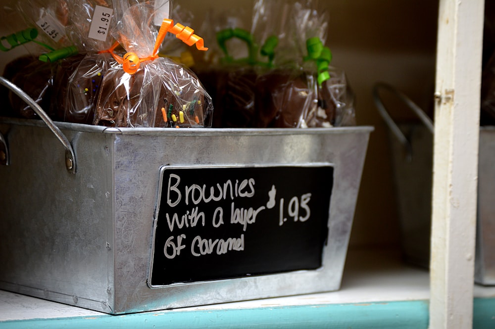 brownies with a layer on gray steel basket