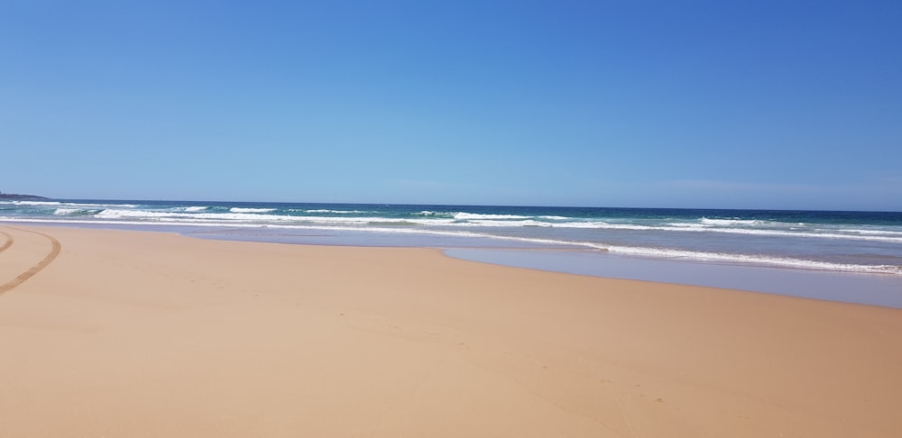 a sandy beach next to the ocean under a blue sky