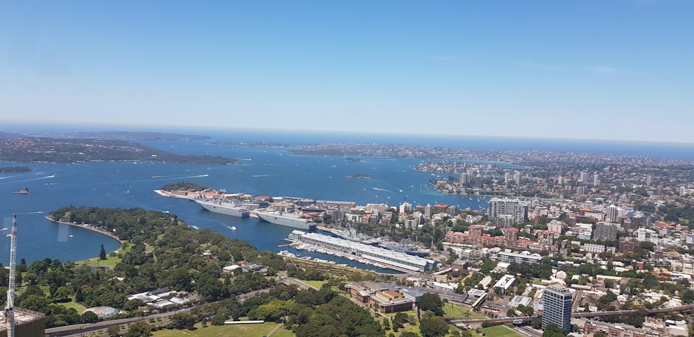 aerial photo of city beside sea\