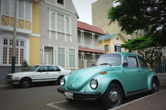 A vintage Volkswagen Beetle, painted light blue, is parked on a city street in front of a row of stylish, historic buildings with architectural details and pastel colors. Another white car is parked behind it, and there are trees providing partial shade over the street.