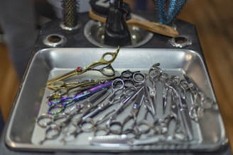 A collection of various scissors and hair cutting tools organized in a metallic tray. The tools are displayed with different colored handles, including gold and iridescent shades. The tray is situated on a dark countertop, with a hairbrush resting nearby.