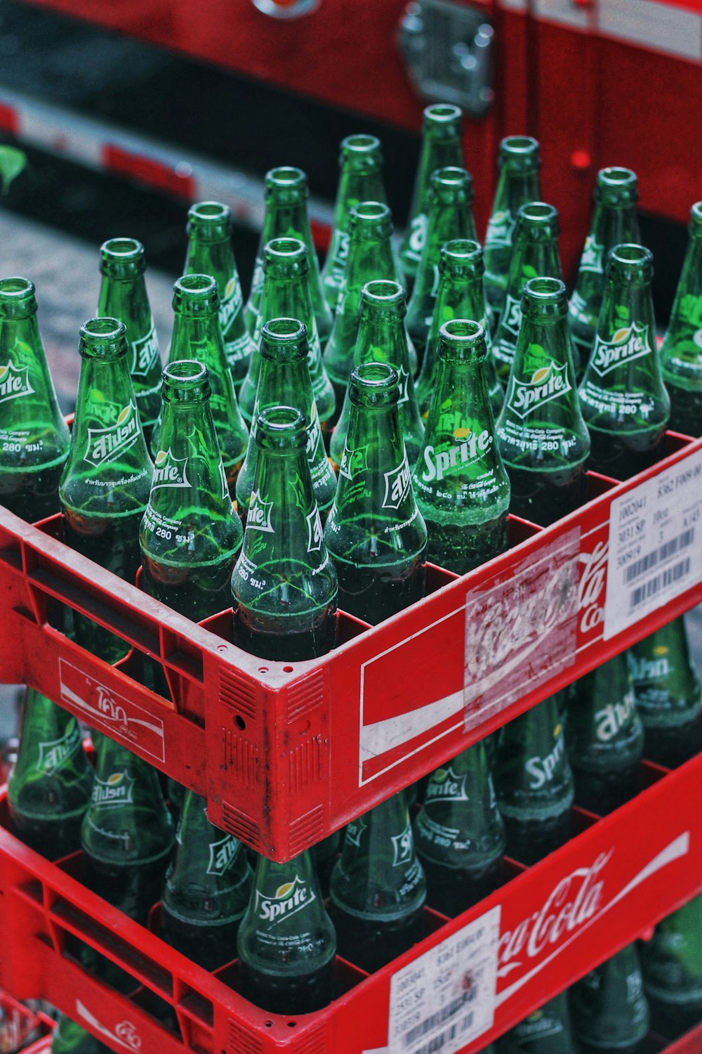 Sprite glass bottles in red crates