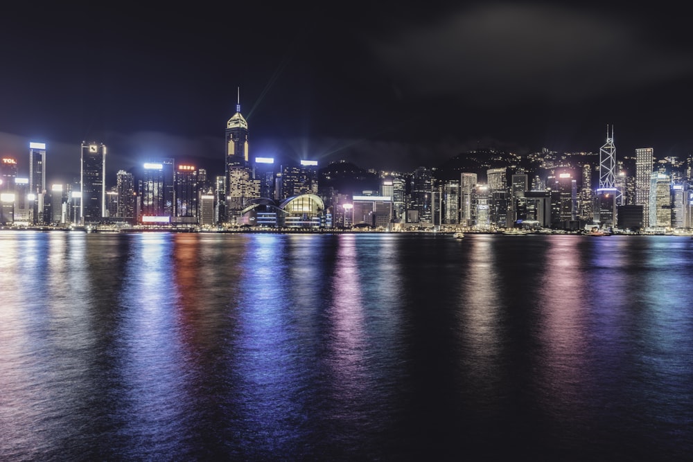 lighted buildings at night