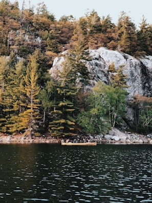 A scenic canoe gliding over calm water surrounded by autumn trees reflecting vibrant colors.