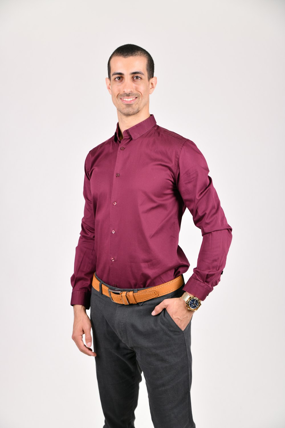 man wearing purple dress shirt