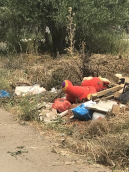 A pile of assorted garbage and debris, including colorful bags and a discarded stuffed toy, is scattered along a roadside surrounded by dry grass and trees.