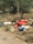 A pile of assorted garbage and debris, including colorful bags and a discarded stuffed toy, is scattered along a roadside surrounded by dry grass and trees.