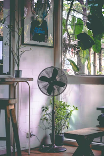 black pedestal fan near glass window