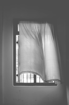 grayscale photo of window curtain