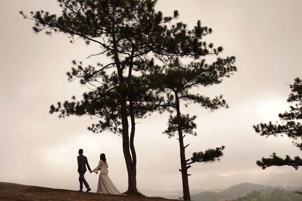 man and woman walking near tall tree