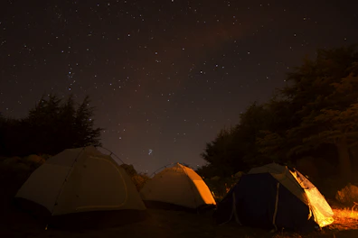 A durable three-person tent pitched on a grassy campsite under a starry sky.