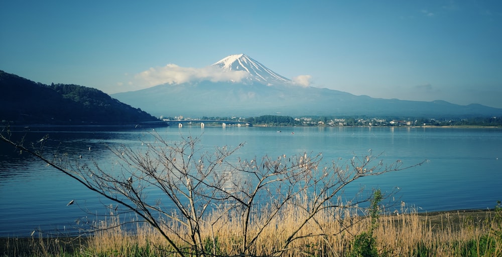 calm body of water with snow capped mountain background