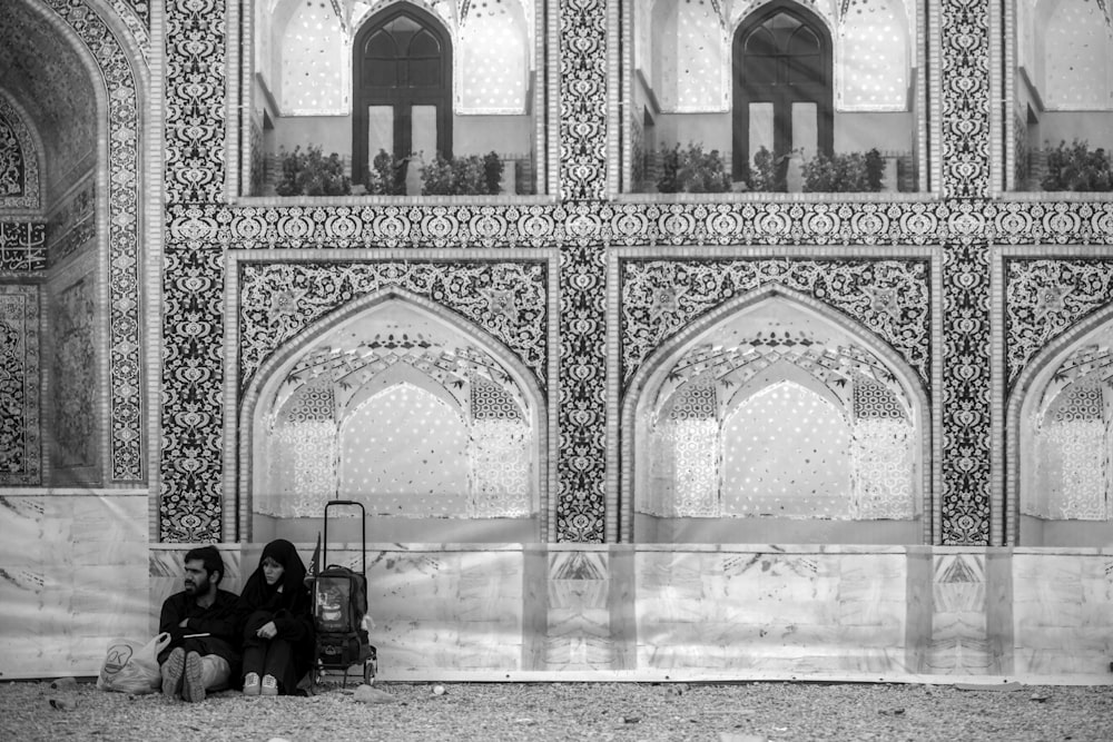 grayscale photo of mosque interior