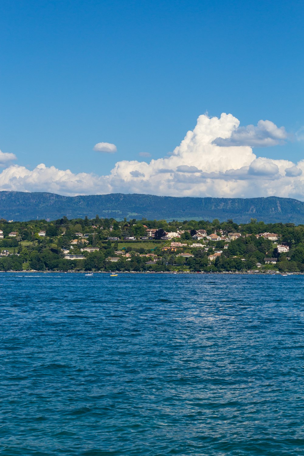 a large body of water with a small town in the distance