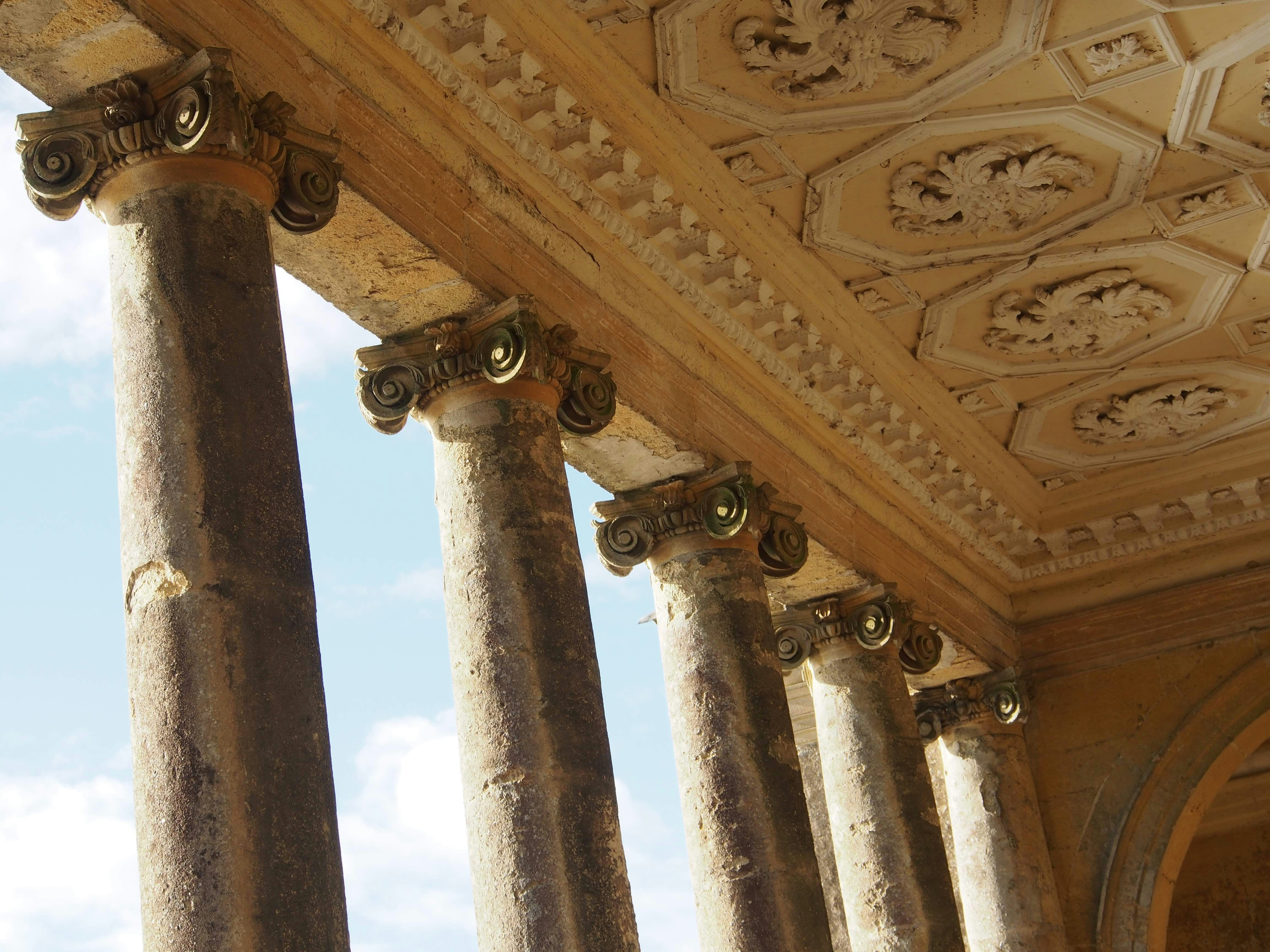 Elegant columns on Stowe Gardens' Palladian Bridge