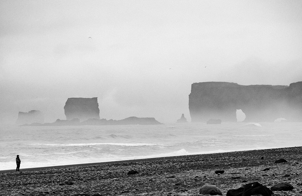 Fotografía en escala de grises de una persona parada junto a la orilla del mar durante el día