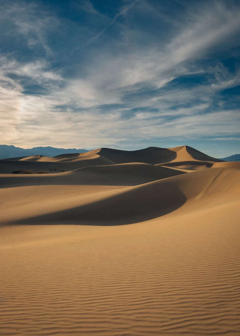 Rippled sand dunes curving away under a deep blue sky