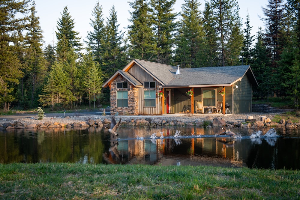 Maison brune à côté d’un plan d’eau