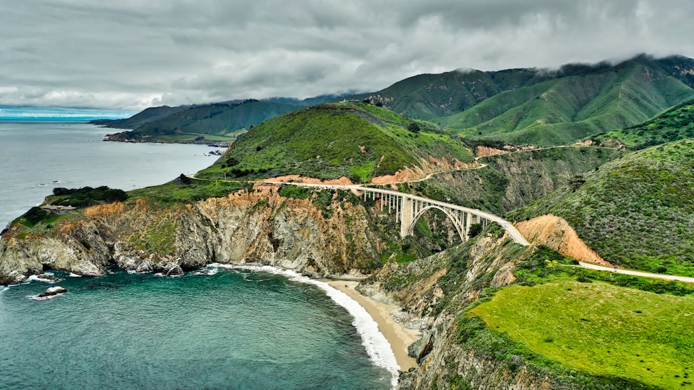 a scenic view of a bridge over a body of water