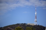 A tall television or radio tower stands prominently on a lush, green hill against a clear blue sky. The structure features a combination of white and red colors, with a circular array around its midsection. Surrounding the tower, there is a building and dense forested area.