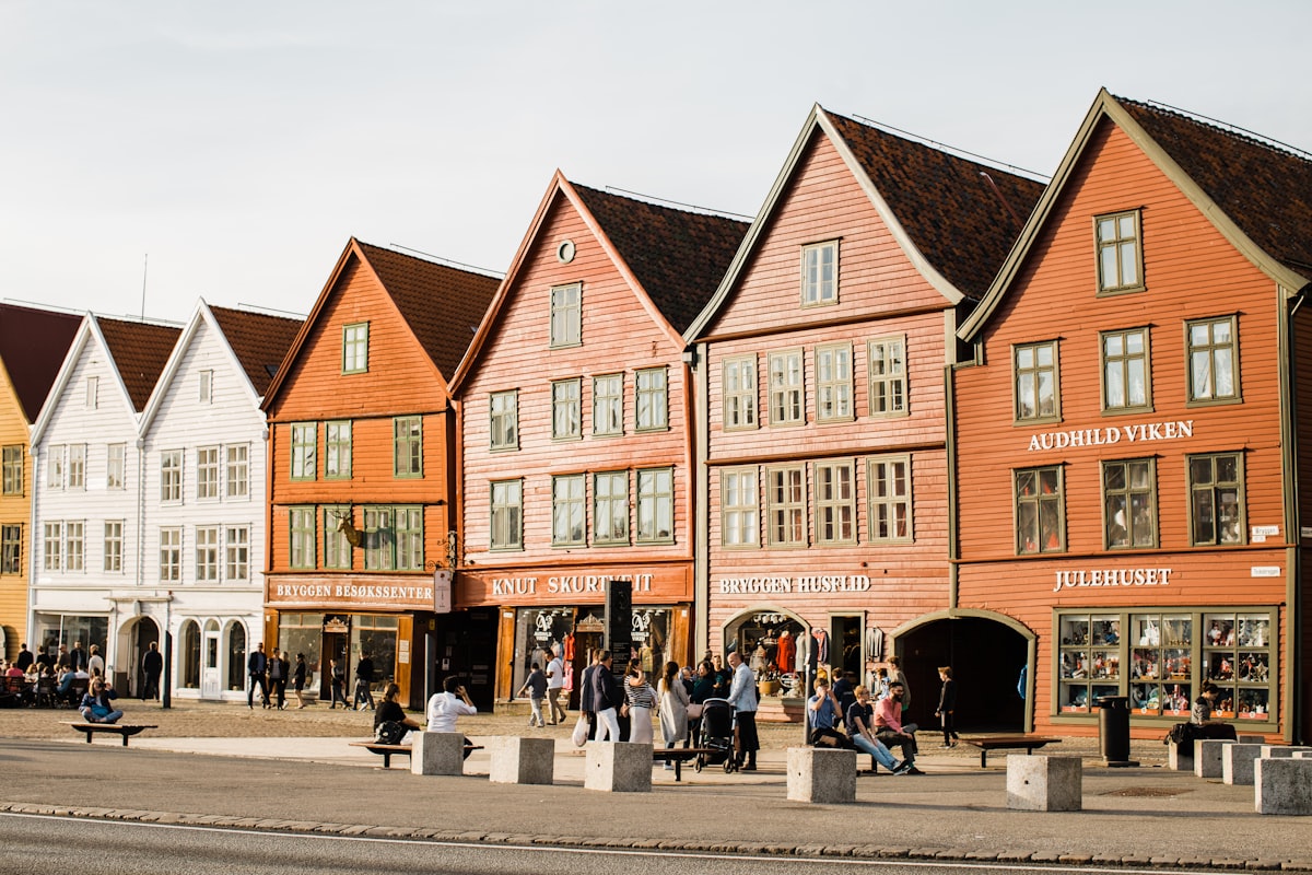 Bryggen Bergen — coloured wooden Hanseatic warehouse facades along Vågen