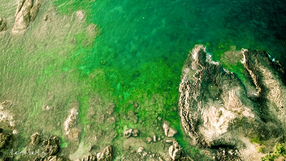 uma vista aérea de um corpo de água