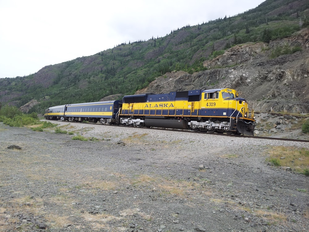 노란색 알래스카 4319 열차가 산을 지나고 있습니다.