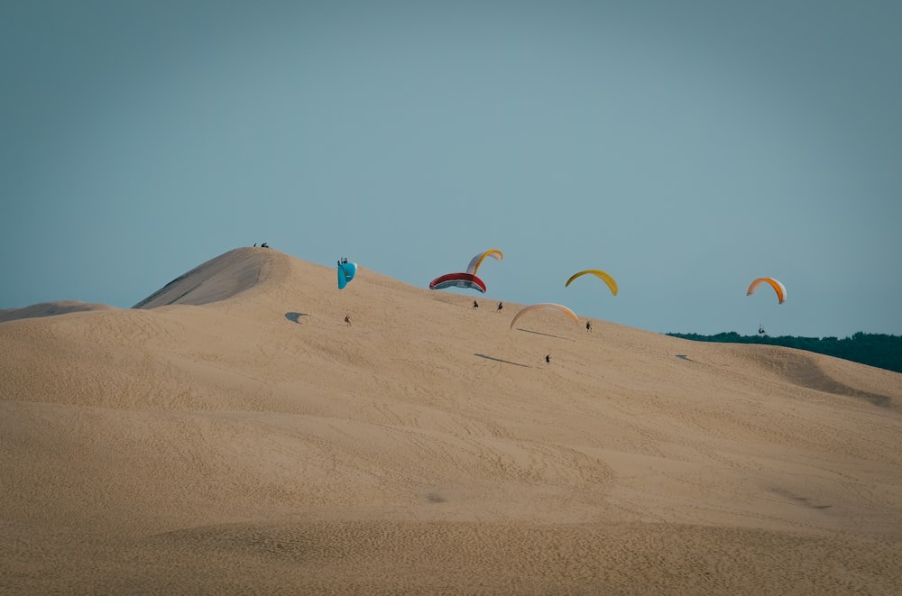 people riding parachutes above sand field during day