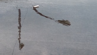 A reflection of a street lamp and a small cylindrical object floating on a puddle of water, creating an abstract and serene scene.