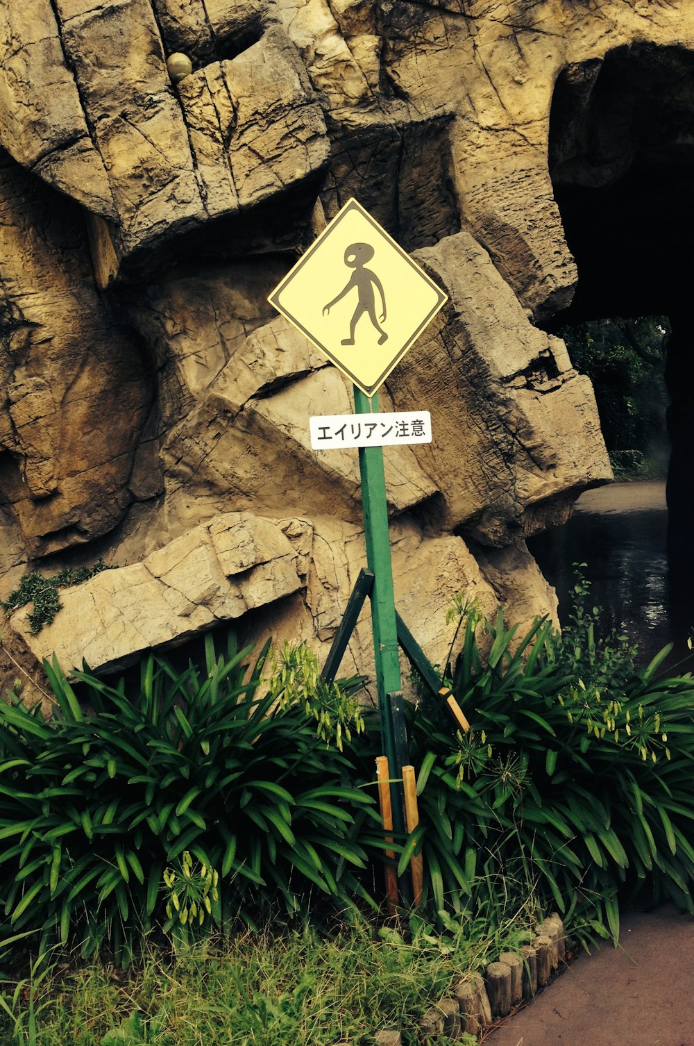 yellow and green road sign near rocky wall