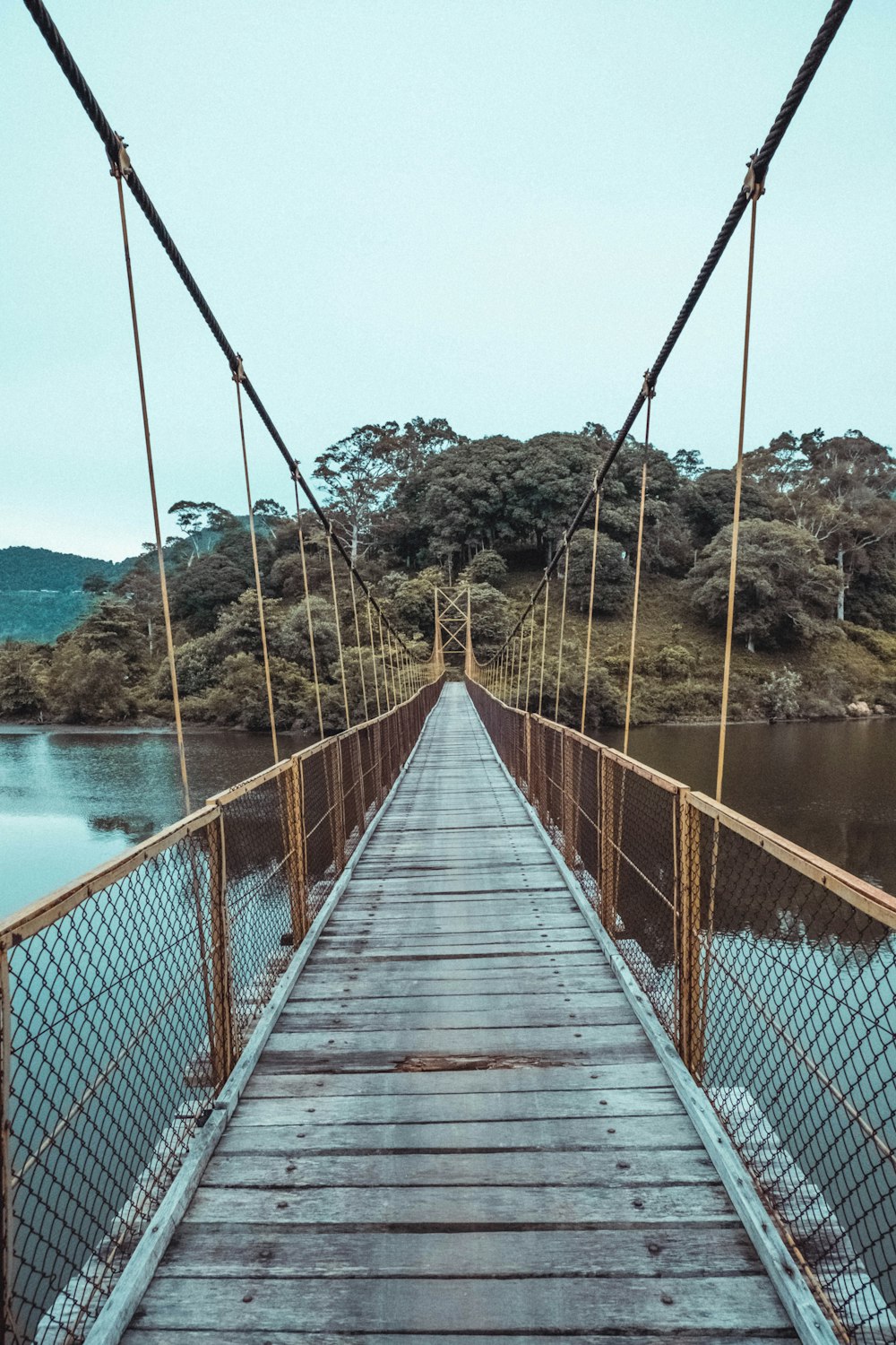 wooden hanging bridge over body of water