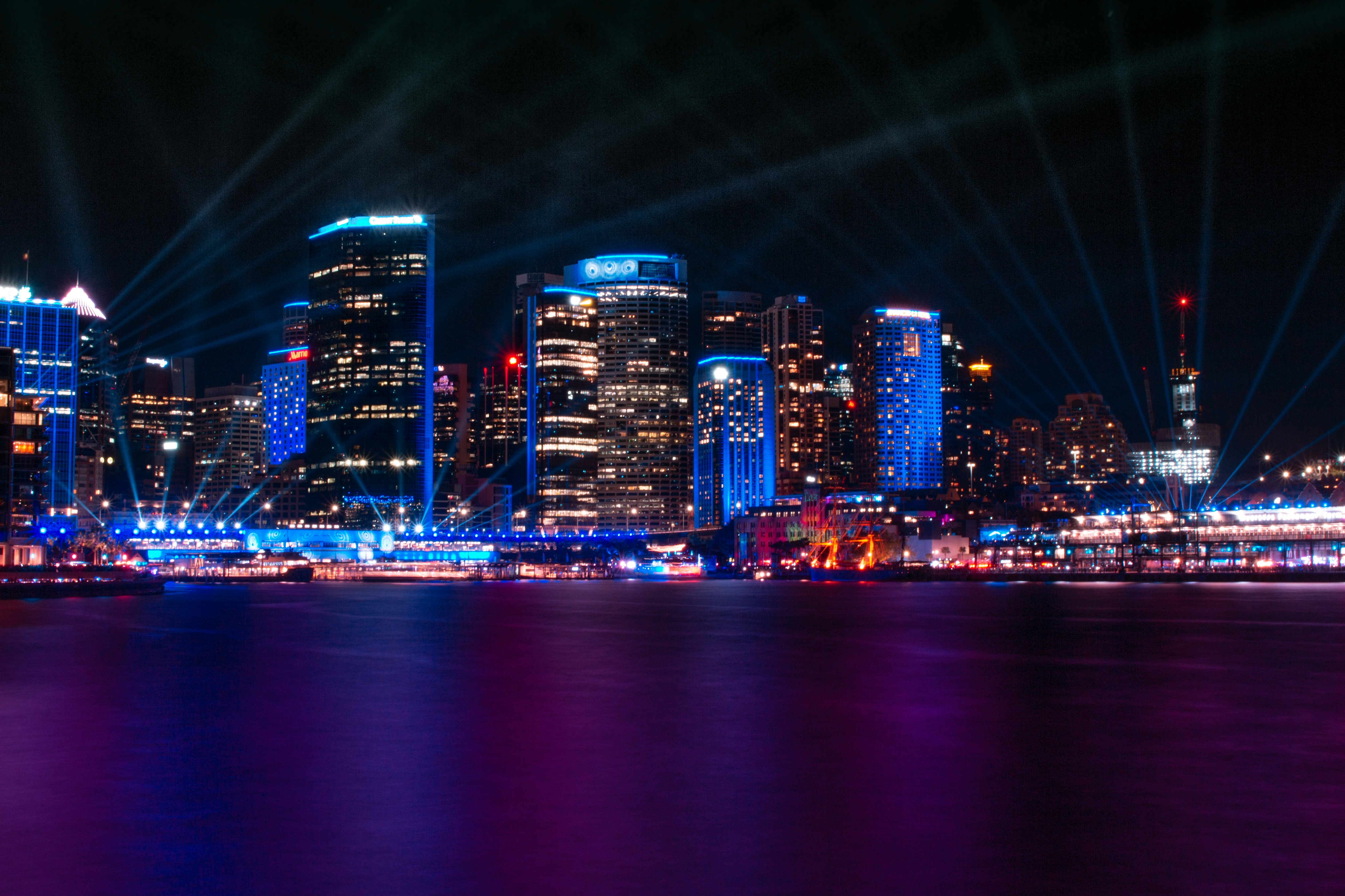 Standing in front of the Sydney Opera House, looking back to Sydney's Circular Quay. Captured during Sydney's annual Vivid festival.