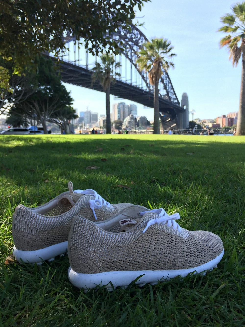 brown low-top shoes on grass near bridge