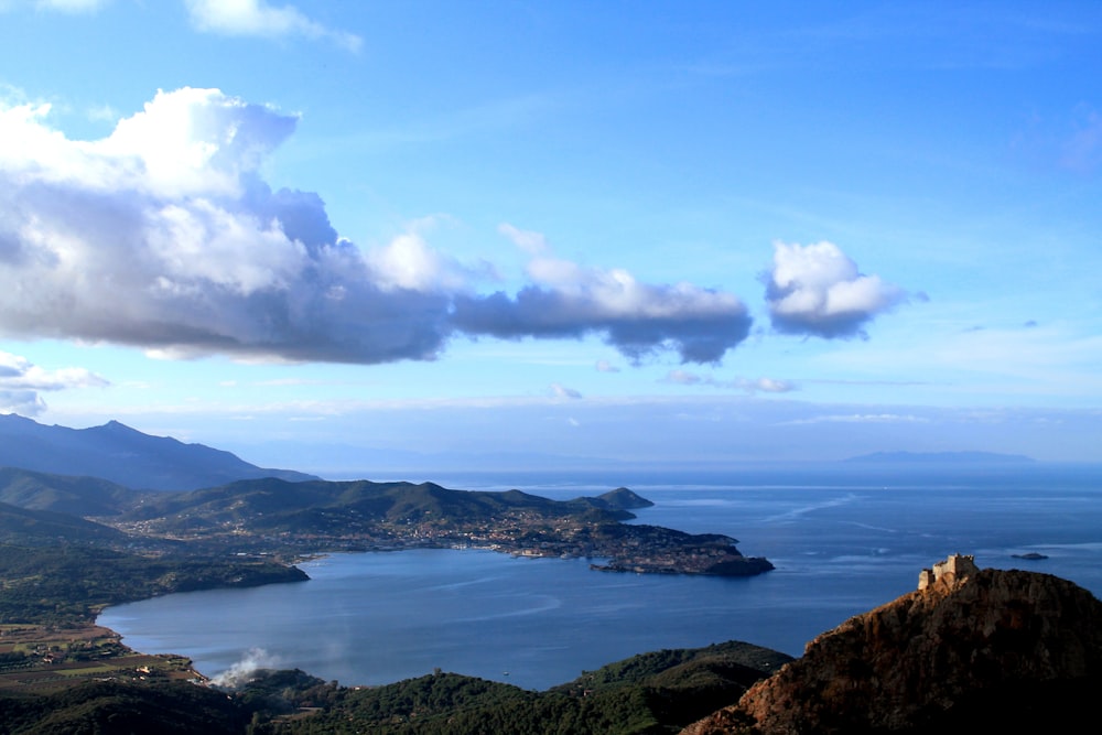 blue sea viewing mountain under white and blue skies