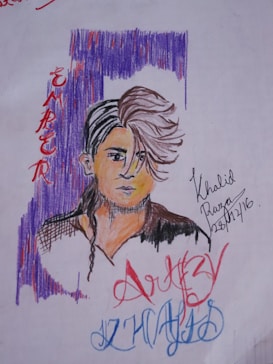 A colorful portrait drawing of a person with stylized hair, set against a purple background with abstract patterns. The figure has a serious expression, with text surrounding them including 'EMBER' and 'ART BY'. Several colors are used, including shades of purple, red, and black.