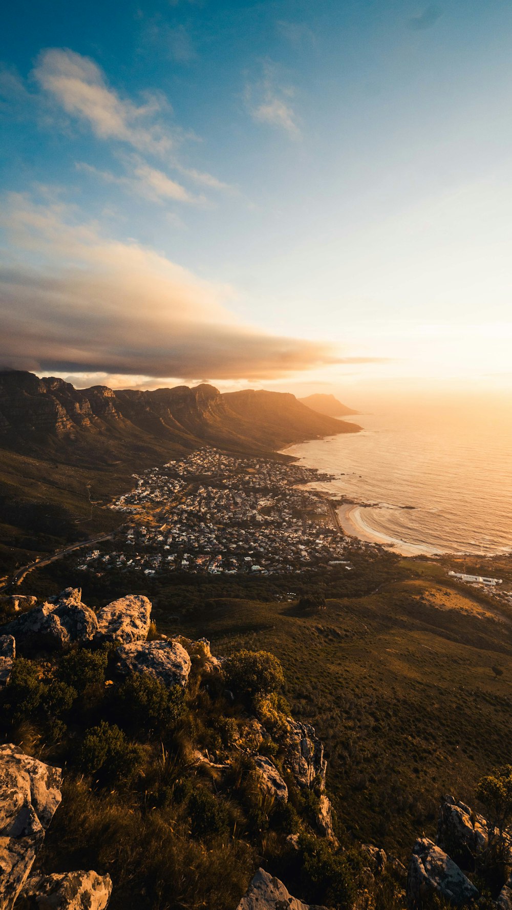 aerial photography of mountain and body of water during golden hour