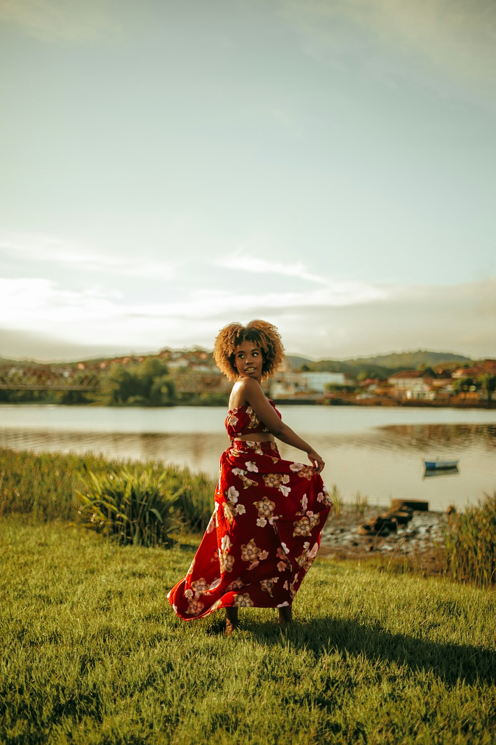 women's red and brown floral sleeveless dress