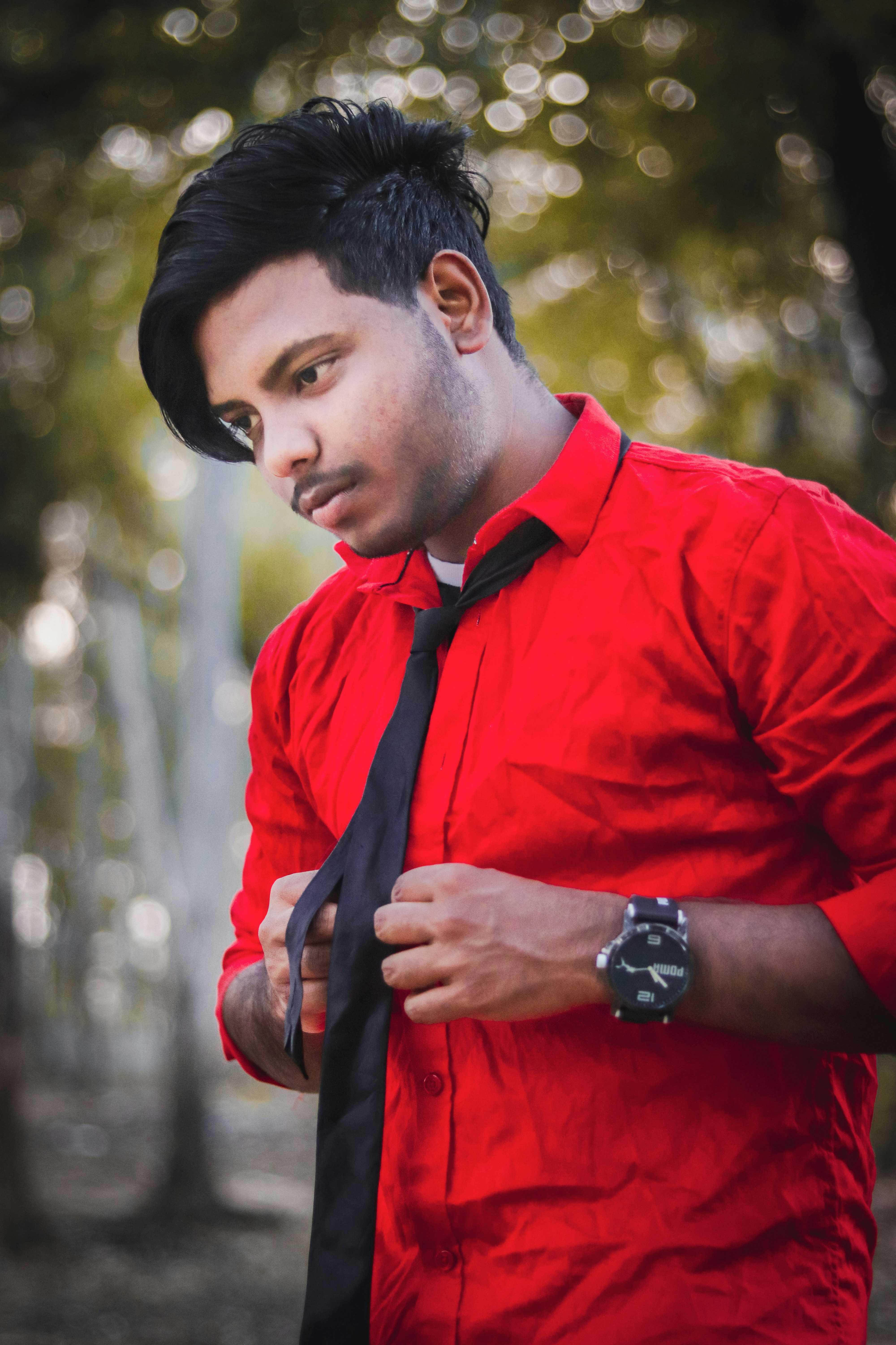 red dress shirt black tie