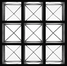 A clean, minimalistic six-grid layout with light grey borders framing each content box.