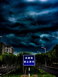 Dark storm clouds loom ominously over a road lined with trees on either side. A blue traffic sign with white text stands prominently in the foreground, surrounded by green shrubs and streetlights.