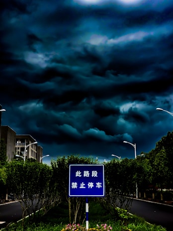 Dark storm clouds loom ominously over a road lined with trees on either side. A blue traffic sign with white text stands prominently in the foreground, surrounded by green shrubs and streetlights.