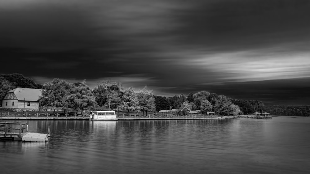 trees beside body of water in grayscale photo