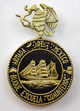 Historic photo of Escuela Naval ARC cadets training on deck with the Colombian flag waving.