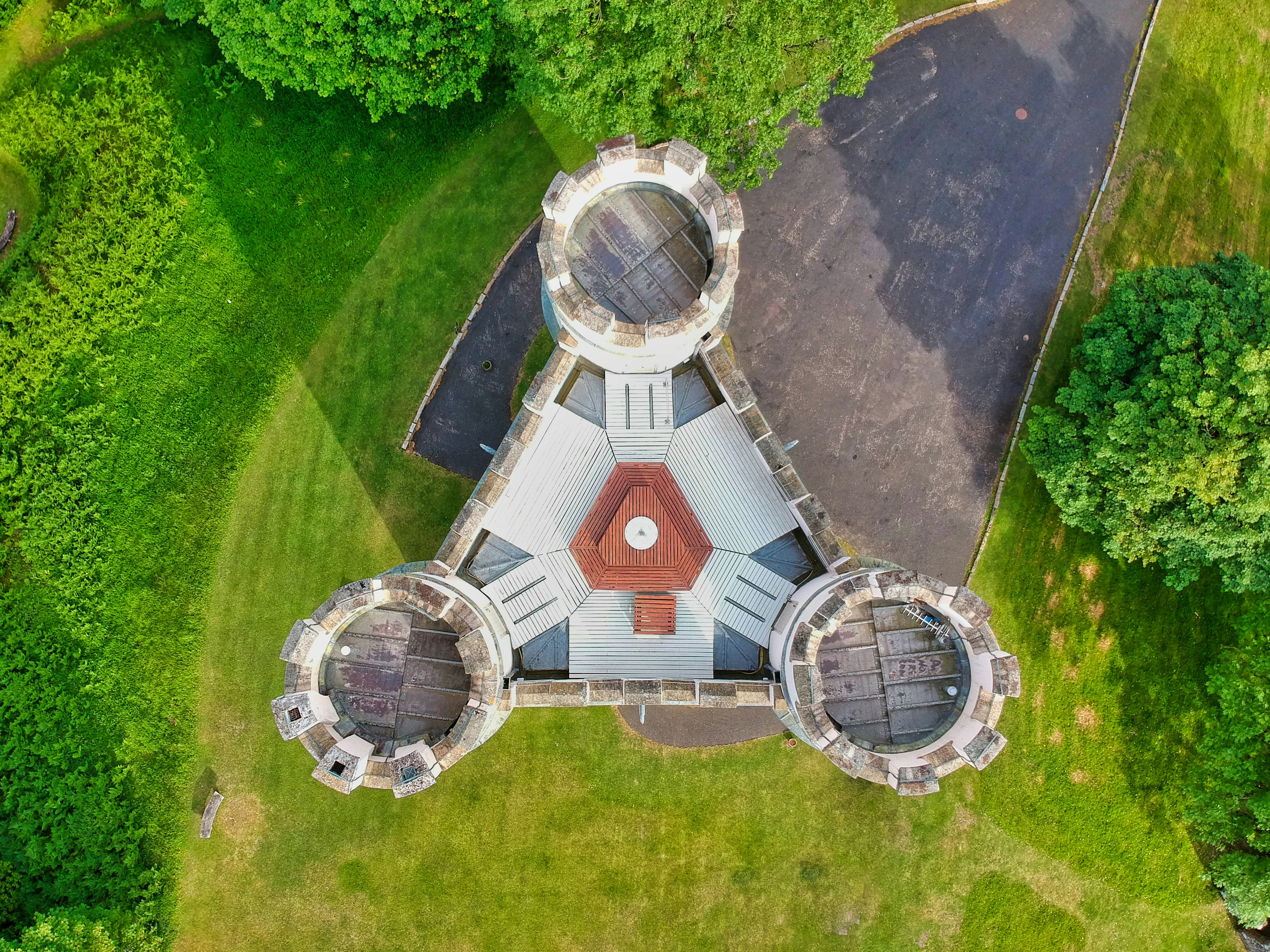 Overhead, top down view of Haldon Belvedere Lawrence Castle, Devon, UK
