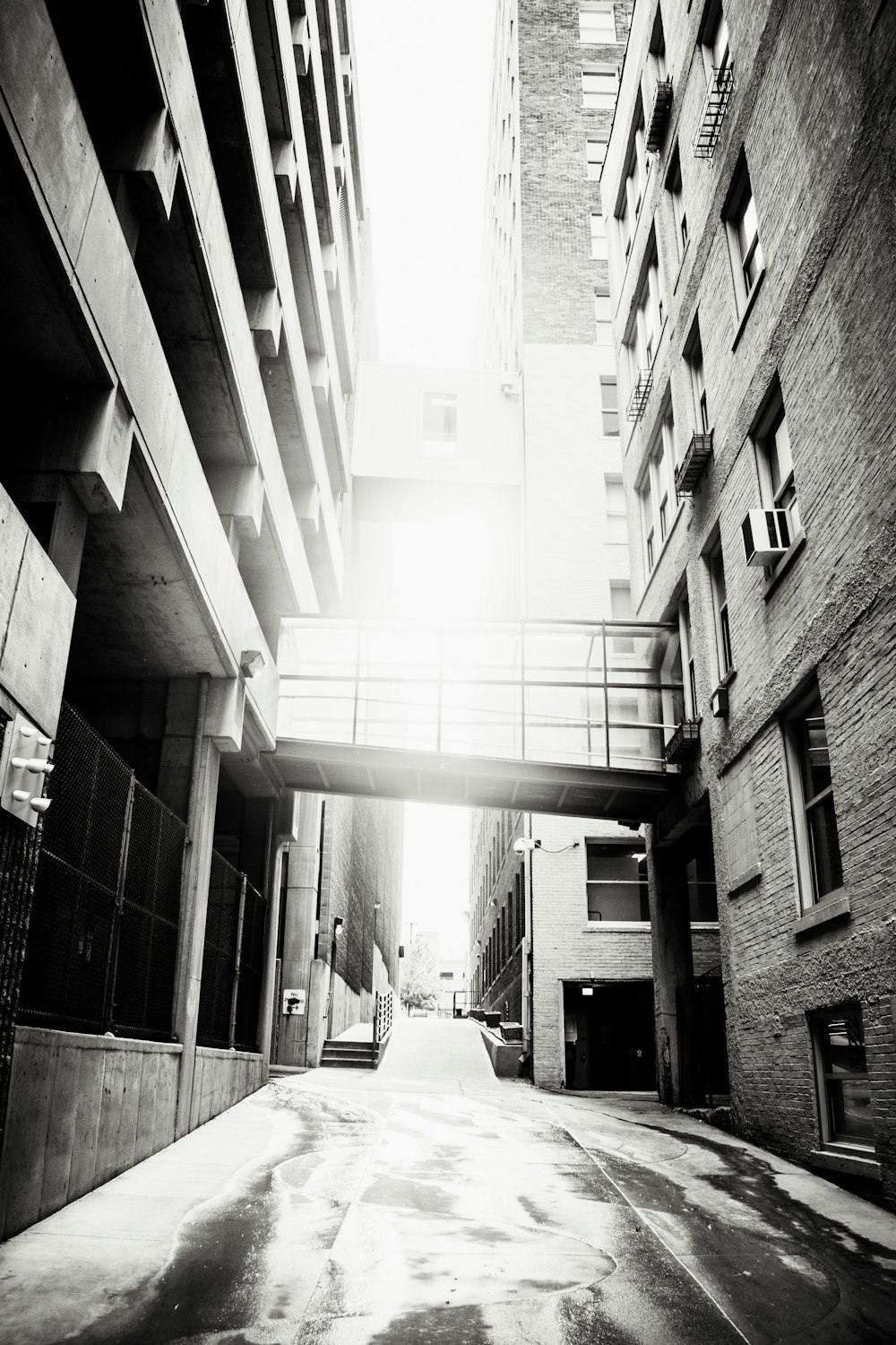grayscale photo of pathway between buildings